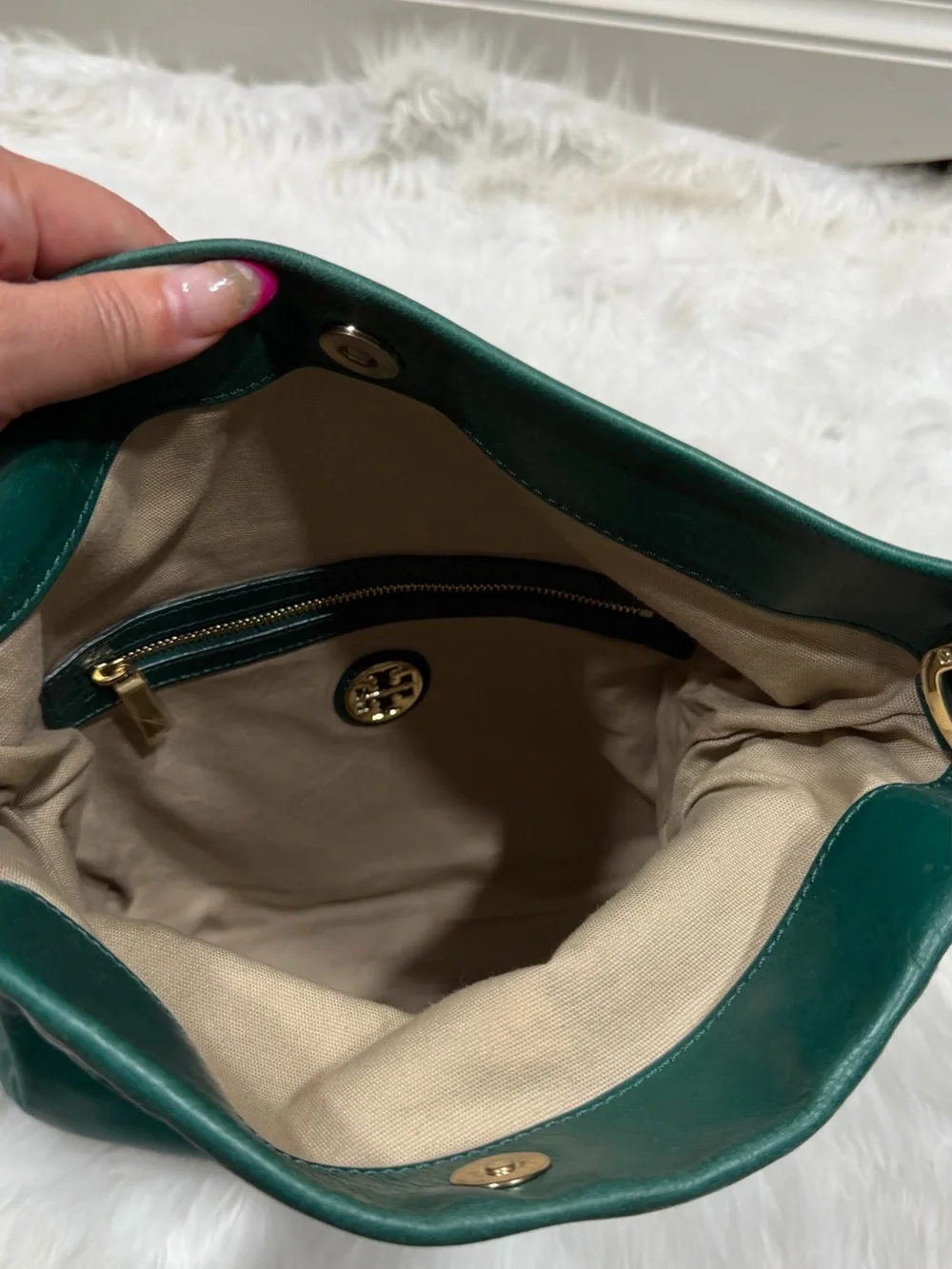 Tory Burch Emerald Green Leather Fold-Over Crossbody with Logo